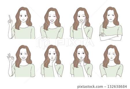 Illustration set of women with various facial expressions - emotions of joy, anger, sadness and happiness 132638684