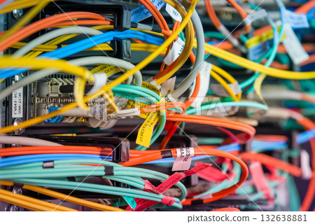 detail of server rack with fiber optic cables attached to front 132638881
