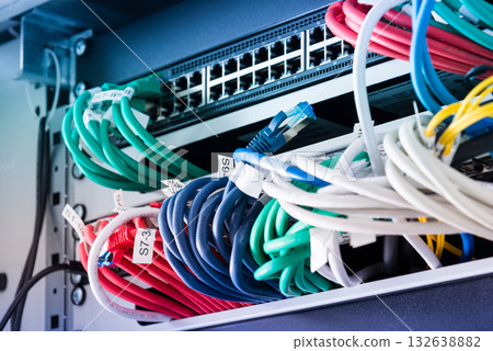 Fiber Optic cables connected to optic ports, network cables conn Fiber Optic cables connected to optic ports, network cables conn 132638882