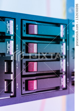 Array of data storage hard drives in internet data center 132638896
