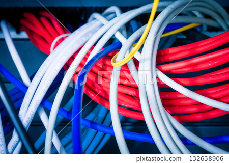 large group of UTP cables, Ethernet cables in rack cabinet, lead large group of UTP cables, Ethernet cables in rack cabinet, lead 132638906