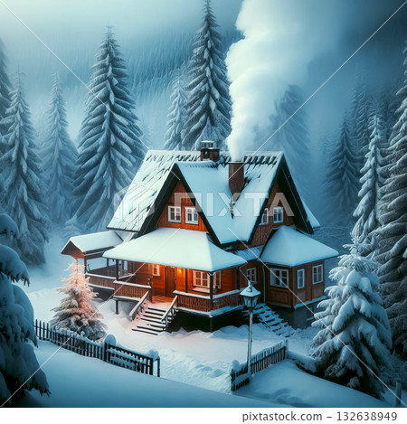 house on the edge of a winter forest covered with snow with glowing holiday windows and lights 132638949