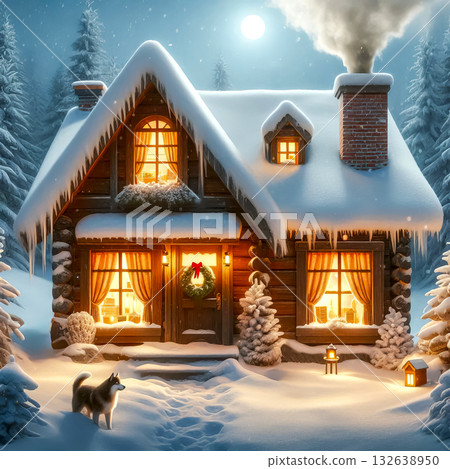 house on the edge of a winter forest covered with snow with glowing holiday windows and lights 132638950