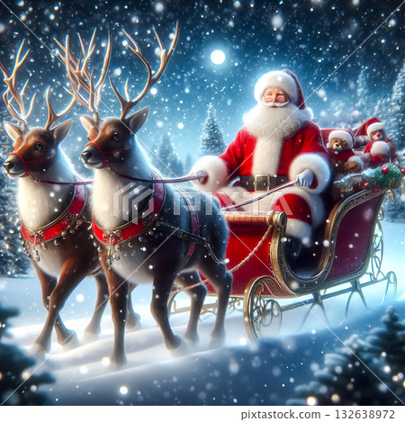 Santa Claus riding in a sleigh with gifts pulled by reindeer against the background of falling snow 132638972