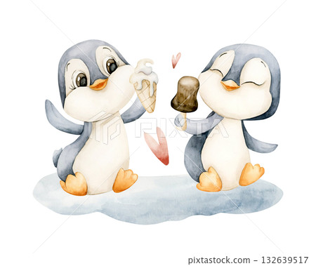 Cute Penguins sitting with ice cream hearts. Watercolor hand drawn illustration isolated on white background for north winter design Christmas or Valentine cozy card baby nursery kids holiday poster 132639517