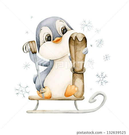 Cute Penguin sitting on sleigh with ski pole. Arctic North animal. Watercolor hand drawn illustration isolated on white background for winter design Christmas card baby nursery kids holiday czy poster Cute Penguin sitting on sleigh with ski pole. Arctic North animal. Watercolor hand drawn illustration isolated on white background for winter design Christmas card baby nursery kids holiday czy poster 132639525