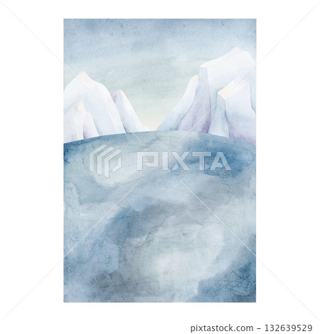 Winter landscape with blue sky and frozen ice rink mountains. North sea arctic minimalistic background. Watercolor hand drawn illustration for panoramic design Christmas card template holiday poster 132639529