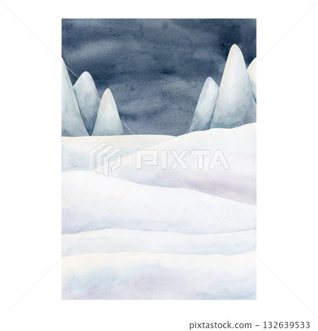 Winter landscape with white snowfield mountains night dark sky. North sea arctic minimalistic background. Watercolor hand drawn illustration panoramic design Christmas card template holiday poster 132639533