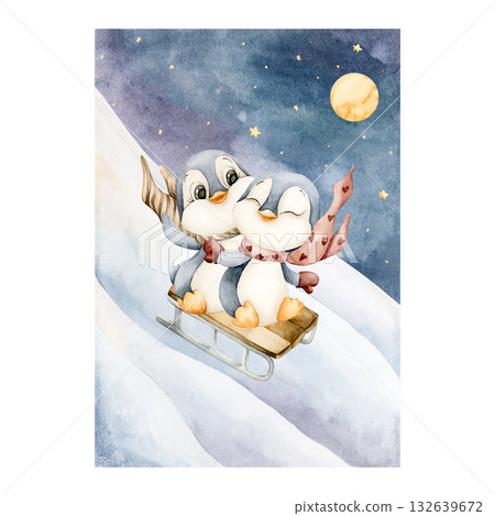 Cute penguins on sleigh roll down the snow mountain night dark sky. North arctic Watercolor hand drawn illustration for panoramic winter design Christmas card postcard kids nursery baby holiday poster 132639672