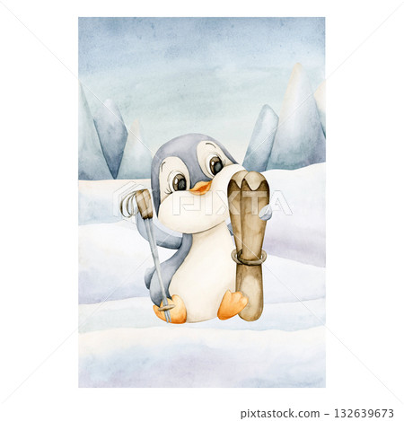Cute Penguin with ski sitting on snowfield. Arctic North animal. Watercolor hand drawn illustration isolated on white background for winter design Christmas card baby poster nursery kids holiday print 132639673