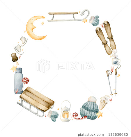 Wooden sleigh, skis, ice skates, winter knitted wear wreath. Watercolor hand drawn illustration isolated on white background for winter fun sport design Christmas card baby nursery kids holiday print Wooden sleigh, skis, ice skates, winter knitted wear wreath. Watercolor hand drawn illustration isolated on white background for winter fun sport design Christmas card baby nursery kids holiday print 132639680