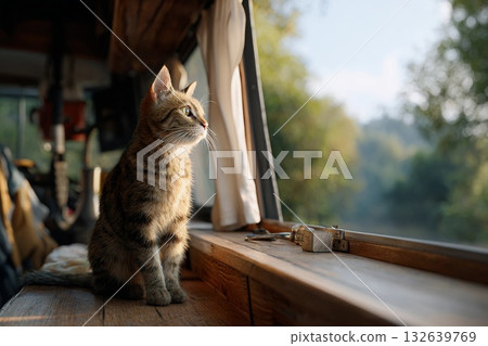 Cat looking out the camper window 132639769