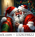 Illustration of two Santa Clauses kissing by candlelight near a Christmas tree. 132639822