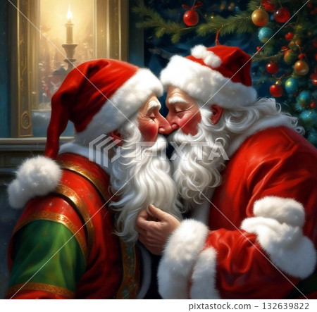 Illustration of two Santa Clauses kissing by candlelight near a Christmas tree. Illustration of two Santa Clauses kissing by candlelight near a Christmas tree. 132639822