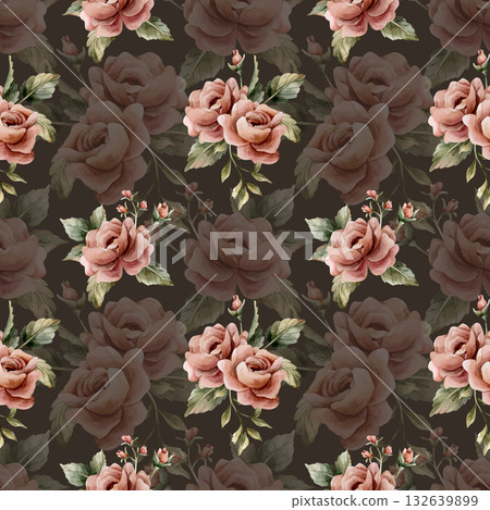 Roses with leaves seamless pattern on dark background. Dusty pink garden Victorian flower. Watercolor hand painted floral illustration for wedding design home textile fabric cosmetic package wrapping 132639899