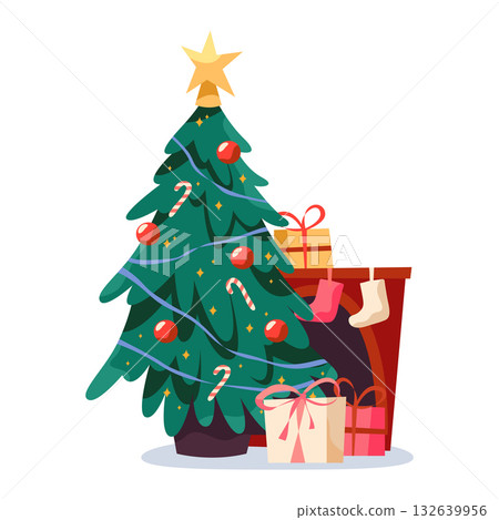 New year tree or Christmas fir. Vector decorated flora near fireplace and gift boxes. Winter holiday spruce with socks garland and star bauble, candy, present. Seasonal celebration and festive. Xmas. New year tree or Christmas fir. Vector decorated flora near fireplace and gift boxes. Winter holiday spruce with socks garland and star bauble, candy, present. Seasonal celebration and festive. Xmas. 132639956