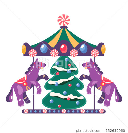 New year carousel or Christmas attraction. Vector cartoon winter holiday toy. Flat icon of child or kid merry go round with horse. Spinning childhood Xmas decoration or seasonal festive roundabout. 132639960