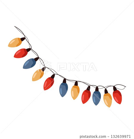 New year garland or Christmas tree decoration. Vector tinsel ornament for festive celebration. Seasonal holiday lights. Winter embellishment for family home. December festival string for Xmas party. New year garland or Christmas tree decoration. Vector tinsel ornament for festive celebration. Seasonal holiday lights. Winter embellishment for family home. December festival string for Xmas party. 132639971