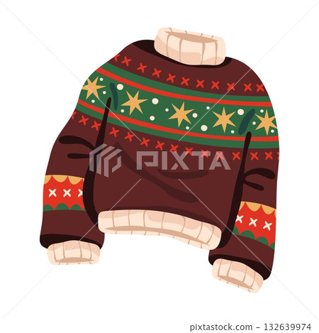 Christmas winter sweater or holiday clothing. Vector apparel for seasonal festive. New year gift, Xmas traditional present. December family fashion. Knitted cloth icon. Wool textile, pullover garment. 132639974
