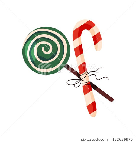 Christmas lollipop stick and winter holiday candy. Vector swirl on stick with stripes. Festive confectionery treat for new year and Xmas. Decorative dessert symbol for December party. Sweet snack. Christmas lollipop stick and winter holiday candy. Vector swirl on stick with stripes. Festive confectionery treat for new year and Xmas. Decorative dessert symbol for December party. Sweet snack. 132639976