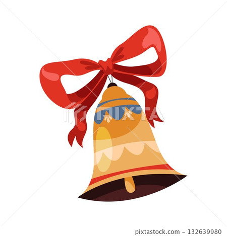 Christmas bell isolated. Vector icon of winter holiday element or seasonal festive symbol. Jingle bell with bow or ribbon. Retro or vintage merry Xmas sign. Advent and Santa ornament. Greeting card. 132639980