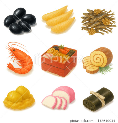 New Year's Osechi cuisine items watercolor illustration 132640034