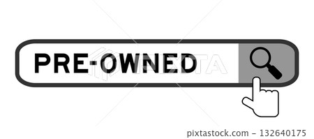 Search banner in word pre-owned with hand over magnifier icon on white background Search banner in word pre-owned with hand over magnifier icon on white background 132640175