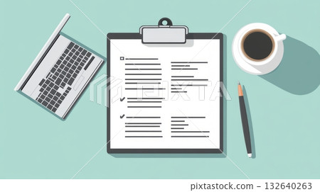 Clipboard with checklist and a cup of coffee on a wooden desk in a bright office environment 132640263