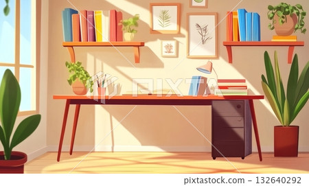 Room interior featuring a desk with books plants and natural light from the window Room interior featuring a desk with books plants and natural light from the window 132640292