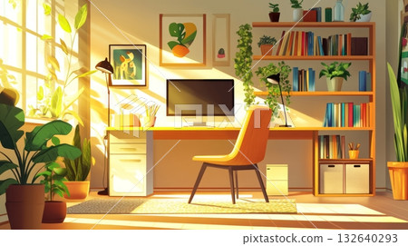 Modern workspace interior featuring desk chair computer and organized office supplies 132640293