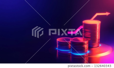 Stack of coins with a rising arrow indicating financial growth and investment progress 132640343