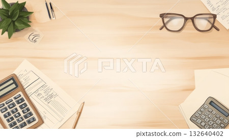 Table with calculator and notepad for study or work in a well-lit environment 132640402