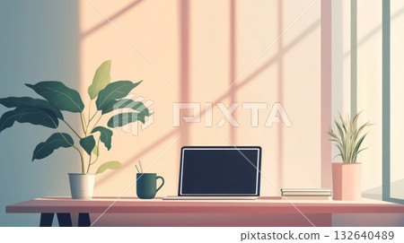 Laptop on a wooden desk with stationery and a cup of coffee in a cozy workspace setting Laptop on a wooden desk with stationery and a cup of coffee in a cozy workspace setting 132640489