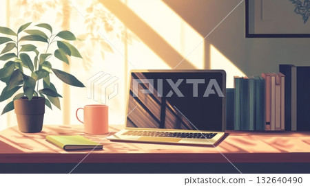 Laptop computer on a desk next to a green plant in a modern workspace environment Laptop computer on a desk next to a green plant in a modern workspace environment 132640490