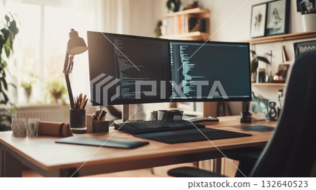 Computer on a desk with a potted plant in the background and natural light Computer on a desk with a potted plant in the background and natural light 132640523