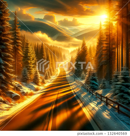 you are my snowy road going through a snowy forest in the rays of the setting sun 132640569