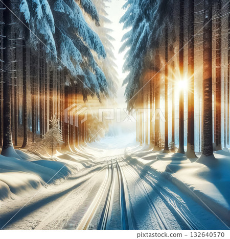 you are my snowy road going through a snowy forest in the rays of the setting sun 132640570