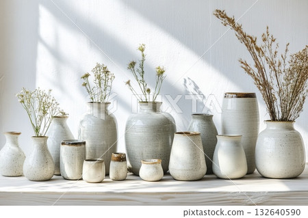 Group of decorative vases arranged on a wooden table in a bright indoor setting Group of decorative vases arranged on a wooden table in a bright indoor setting 132640590