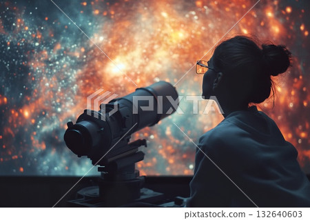 Woman observing through telescope lens in a clear night sky with stars and moon Woman observing through telescope lens in a clear night sky with stars and moon 132640603