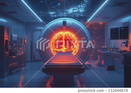 Room with a large mri machine and neon light in a medical facility setting 132640678