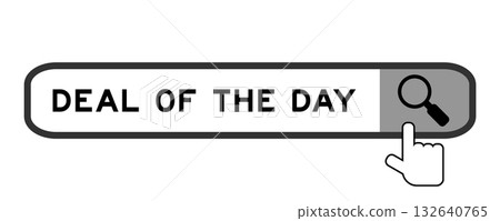 Search banner in word deal of the day with hand over magnifier icon on white background Search banner in word deal of the day with hand over magnifier icon on white background 132640765
