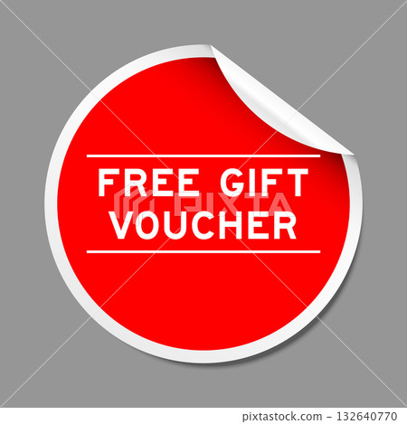 Red color peel sticker label with word free gift voucher on gray background 132640770
