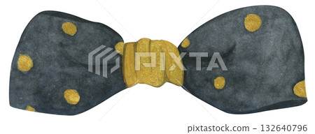 Watercolor Illustration of a Black Bow with Gold 132640796