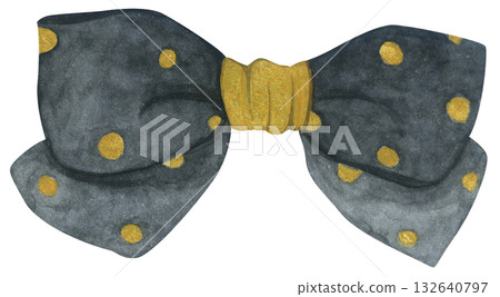 Watercolor Illustration of a Black Bow with Gold 132640797