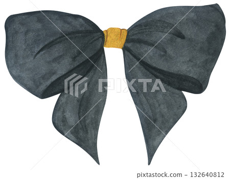 Watercolor Illustration of a Black Bow with Gold 132640812