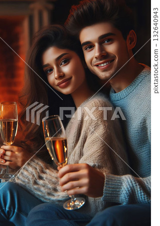 a guy with a girl with glasses of champagne against the background of a Christmas tree and fireplace, close-up a guy with a girl with glasses of champagne against the background of a Christmas tree and fireplace, close-up 132640943