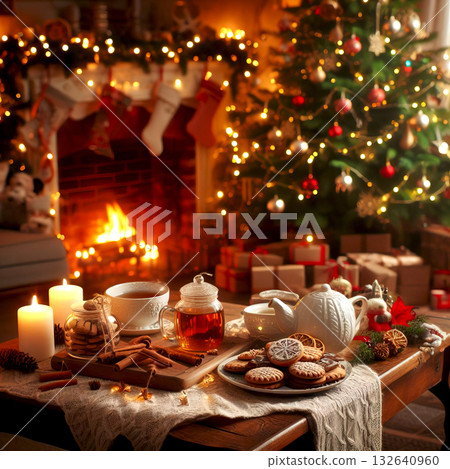 Christmas interior table with glasses of champagne and candles in the background Christmas tree fireplace decorated with New Year's toys and garlands 132640960