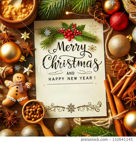 Christmas card with greetings for Christmas and New Year with the image of Santa Claus, snowmen, Christmas tree and other Christmas decorations. Blank for the celebration of Christmas and New Year. 132641145