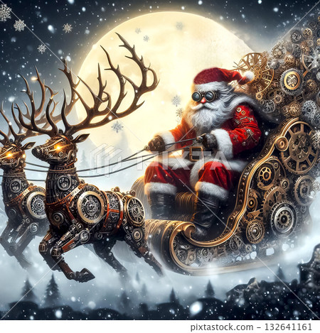 Steampunk Santa Claus riding in a sleigh with gifts pulled by reindeer against falling snow background Steampunk Santa Claus riding in a sleigh with gifts pulled by reindeer against falling snow background 132641161