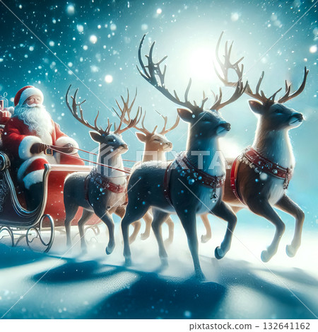 Santa Claus riding in a sleigh with gifts pulled by reindeer against the background of falling snow 132641162